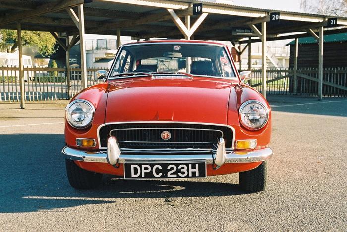 Frontal view of MGB GT at Goodwood featured in January 2005 Enjoying MG