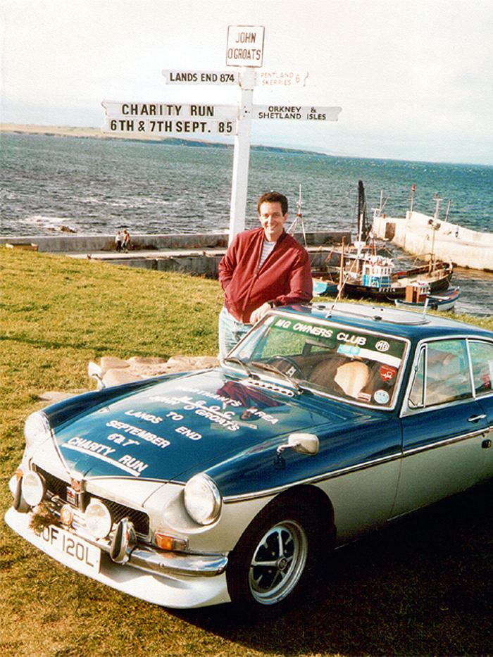 My MGB GT pictured at John O&#039;Groats before the 24 hour trip to Land&#039;s End