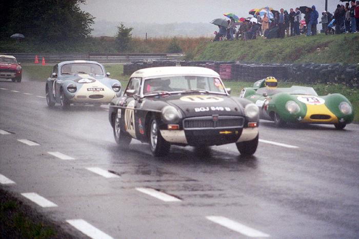 Two MGB&#039;s, one Speedwell sprite and a Lotus in the rain - Chimay Historicar 2005