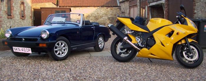 Just to prove that classic &amp; modern and cars &amp; bikes can work together. here is my MG Midget and Triumph Daytona