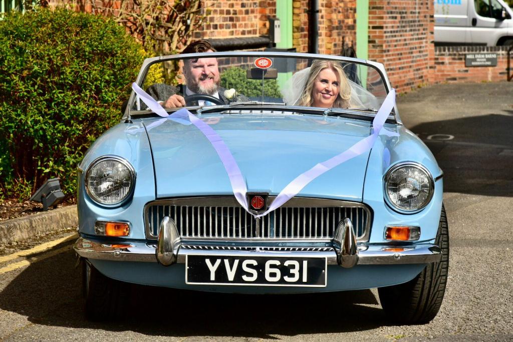 1962 ‘June’ MGB roadster as our wedding Car at the Mill Hotel, Stone. 